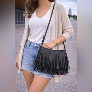 Call It Spring Black Fringe Crossbody Bag Boho Festival Style